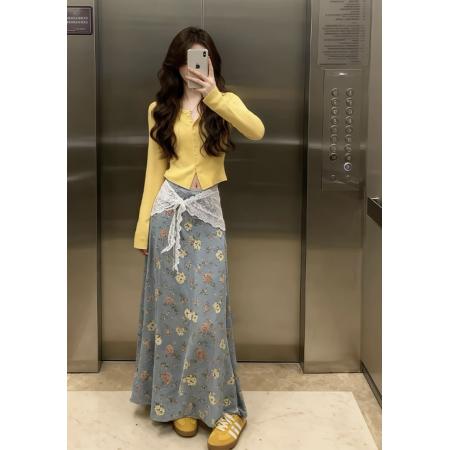 复古碎花印花开叉牛仔半身裙女秋冬大摆伞裙a字半裙包臀长款裙子 服裝批發女裝批發服飾貨源