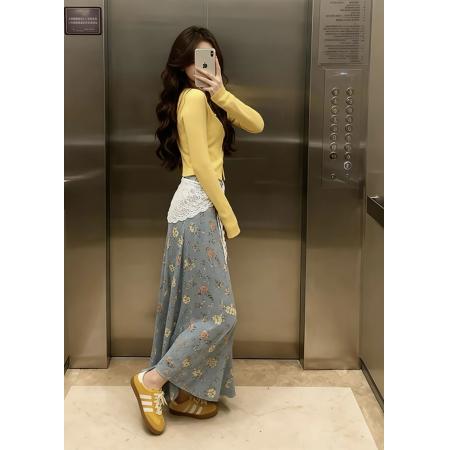 复古碎花印花开叉牛仔半身裙女秋冬大摆伞裙a字半裙包臀长款裙子 服裝批發女裝批發服飾貨源