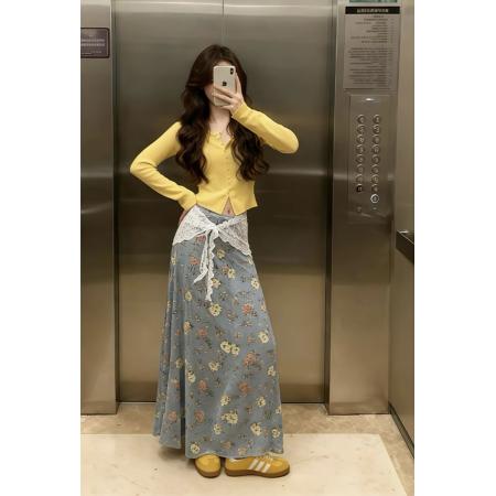 复古碎花印花开叉牛仔半身裙女秋冬大摆伞裙a字半裙包臀长款裙子 服裝批發女裝批發服飾貨源