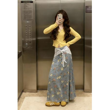 复古碎花印花开叉牛仔半身裙女秋冬大摆伞裙a字半裙包臀长款裙子 服裝批發女裝批發服飾貨源