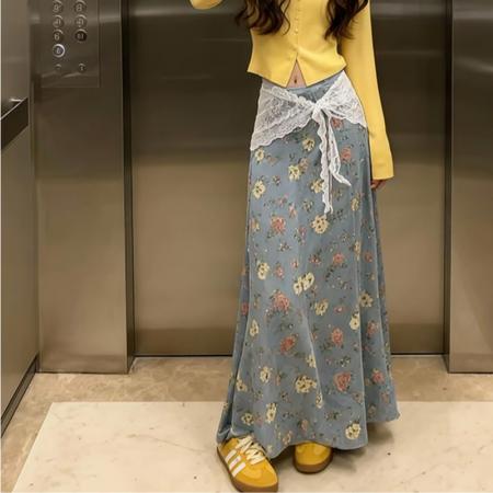 复古碎花印花开叉牛仔半身裙女秋冬大摆伞裙a字半裙包臀长款裙子 服裝批發女裝批發服飾貨源