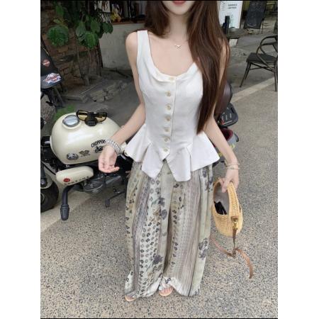 BY10219# 老钱风穿搭夏季松弛高级感马甲上衣+休闲印花阔腿裤 服裝批發女裝批發服飾貨源