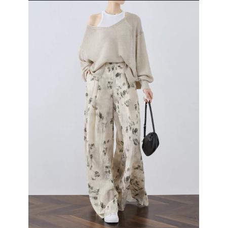 高腰碎花阔腿裤女夏季薄款新中式国风裙裤宽松直筒休闲裤 服裝批發女裝批發服飾貨源