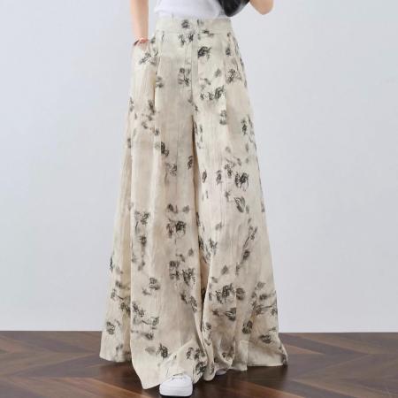 高腰碎花阔腿裤女夏季薄款新中式国风裙裤宽松直筒休闲裤 服裝批發女裝批發服飾貨源