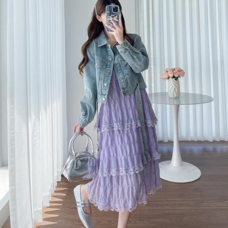 现新款春夏装大码女装胖MM吊带蛋糕裙牛仔外套两件套套装 服裝批發女裝批發服飾貨源