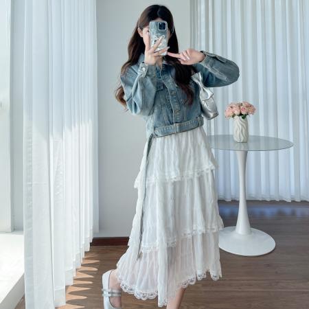 现新款春夏装大码女装胖MM吊带蛋糕裙牛仔外套两件套套装 服裝批發女裝批發服飾貨源