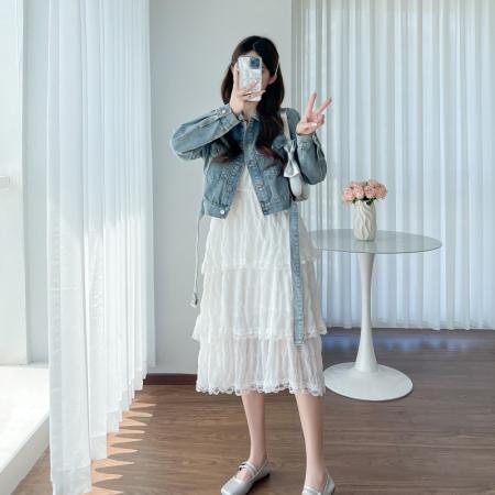 现新款春夏装大码女装胖MM吊带蛋糕裙牛仔外套两件套套装 服裝批發女裝批發服飾貨源