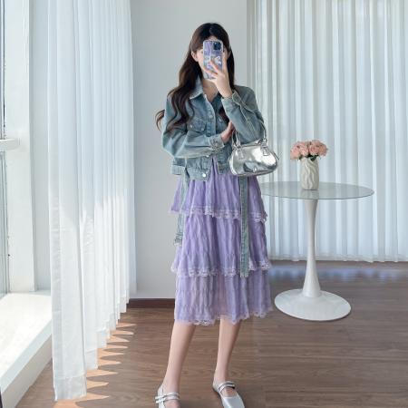 现新款春夏装大码女装胖MM吊带蛋糕裙牛仔外套两件套套装 服裝批發女裝批發服飾貨源