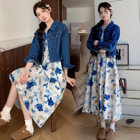 现春夏装大码女装新款水墨画背心连衣裙牛仔外套胖MM套装 服裝批發女裝批發服飾貨源