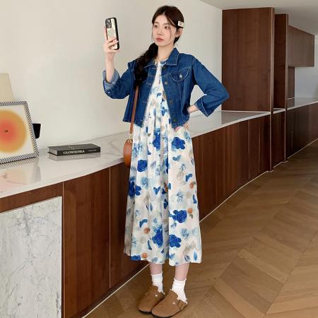 现春夏装大码女装新款水墨画背心连衣裙牛仔外套胖MM套装 服裝批發女裝批發服飾貨源