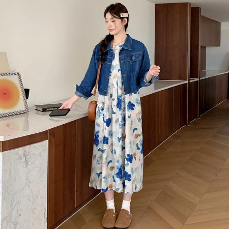 现春夏装大码女装新款水墨画背心连衣裙牛仔外套胖MM套装 服裝批發女裝批發服飾貨源