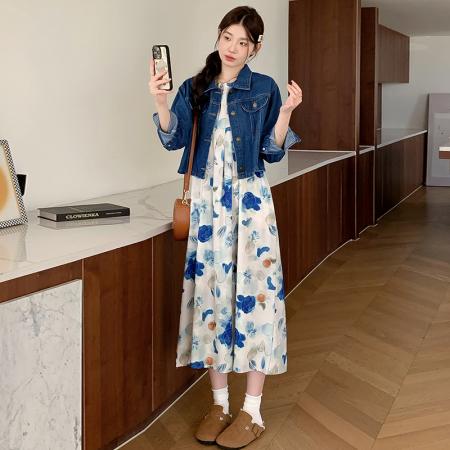 现春夏装大码女装新款水墨画背心连衣裙牛仔外套胖MM套装 服裝批發女裝批發服飾貨源