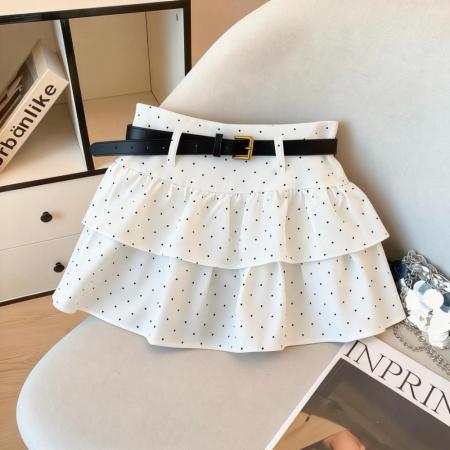 韩版辣妹气质半身裙女春新款甜美波点荷叶A字显瘦短裙配皮带 服裝批發女裝批發服飾貨源