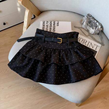 韩版辣妹气质半身裙女春新款甜美波点荷叶A字显瘦短裙配皮带 服裝批發女裝批發服飾貨源