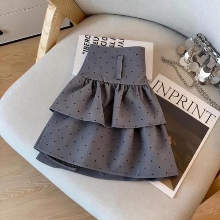 韩版辣妹气质半身裙女春新款甜美波点荷叶A字显瘦短裙配皮带 服裝批發女裝批發服飾貨源