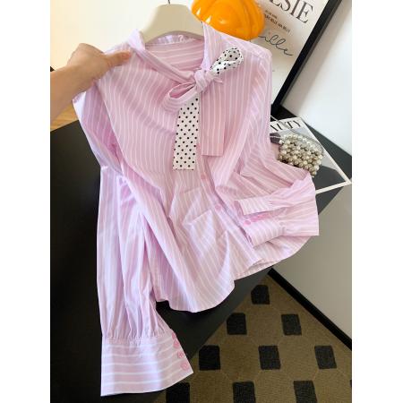 BY10225# 新款超好看通勤洋气减龄上衣高端轻奢粉色条纹蝴蝶结衬衫女 服裝批發女裝批發服飾貨源