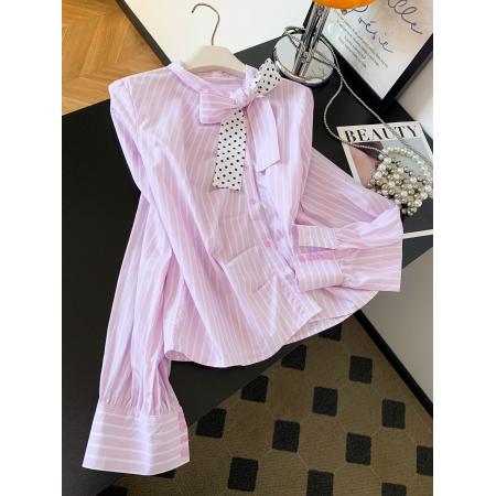 BY10225# 新款超好看通勤洋气减龄上衣高端轻奢粉色条纹蝴蝶结衬衫女 服裝批發女裝批發服飾貨源