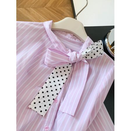 BY10225# 新款超好看通勤洋气减龄上衣高端轻奢粉色条纹蝴蝶结衬衫女 服裝批發女裝批發服飾貨源