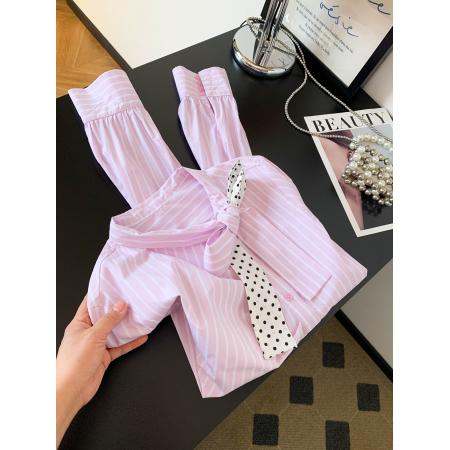 BY10225# 新款超好看通勤洋气减龄上衣高端轻奢粉色条纹蝴蝶结衬衫女 服裝批發女裝批發服飾貨源