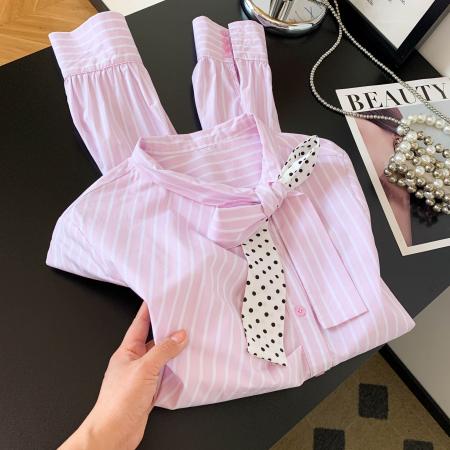 BY10225# 新款超好看通勤洋气减龄上衣高端轻奢粉色条纹蝴蝶结衬衫女 服裝批發女裝批發服飾貨源