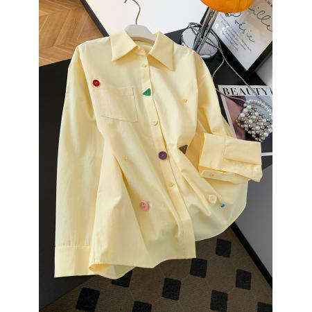 BY10226# 黄色设计感纽扣长袖衬衫女春季韩系多巴胺宽松衬衣小个子通勤上衣 服裝批發女裝批發服飾貨源