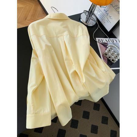 BY10226# 黄色设计感纽扣长袖衬衫女春季韩系多巴胺宽松衬衣小个子通勤上衣 服裝批發女裝批發服飾貨源