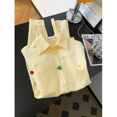 BY10226# 黄色设计感纽扣长袖衬衫女春季韩系多巴胺宽松衬衣小个子通勤上衣 服裝批發女裝批發服飾貨源