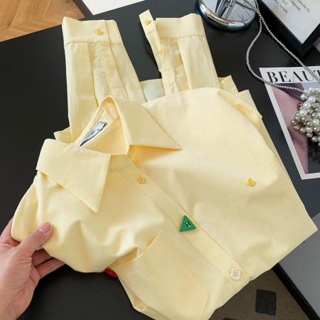 BY10226# 黄色设计感纽扣长袖衬衫女春季韩系多巴胺宽松衬衣小个子通勤上衣 服裝批發女裝批發服飾貨源