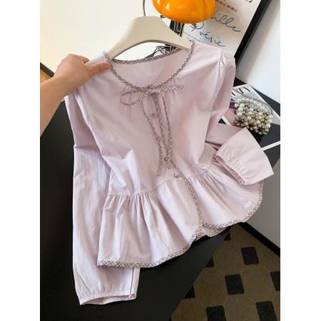 BY10227# 紫色系带蝴蝶结圆领长袖衬衫女士上衣小个子新款超火减龄衬衣 服裝批發女裝批發服飾貨源