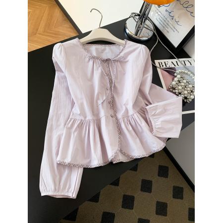 BY10227# 紫色系带蝴蝶结圆领长袖衬衫女士上衣小个子新款超火减龄衬衣 服裝批發女裝批發服飾貨源