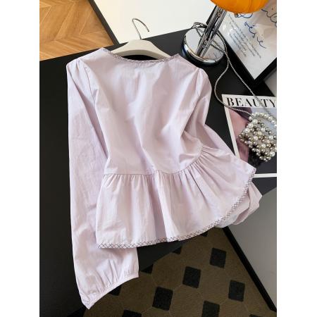 BY10227# 紫色系带蝴蝶结圆领长袖衬衫女士上衣小个子新款超火减龄衬衣 服裝批發女裝批發服飾貨源