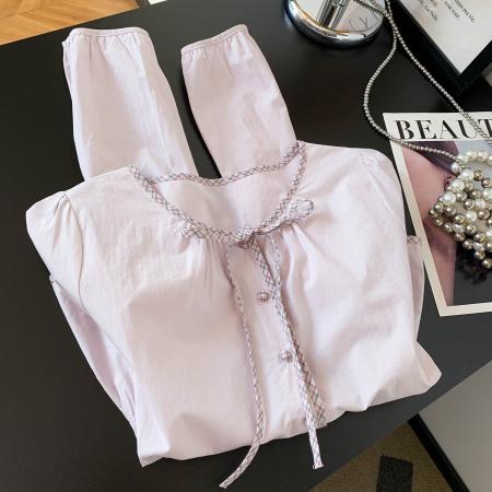 BY10227# 紫色系带蝴蝶结圆领长袖衬衫女士上衣小个子新款超火减龄衬衣 服裝批發女裝批發服飾貨源