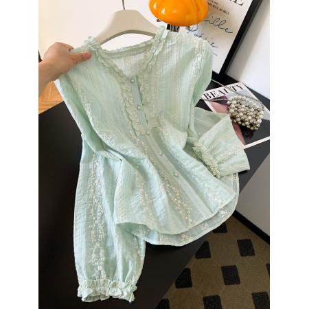 木耳边v领绿色设计感长袖衬衫女...