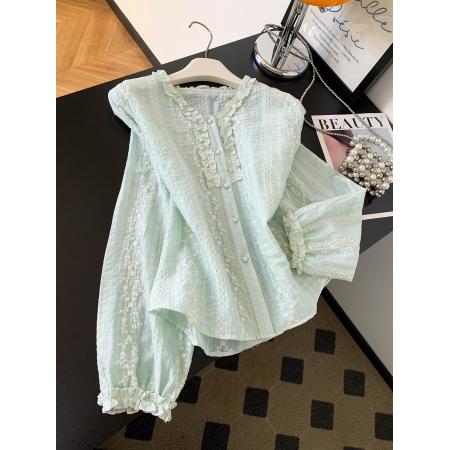 木耳边v领绿色设计感长袖衬衫女上衣小个子新款超火减龄衬衣 服裝批發女裝批發服飾貨源