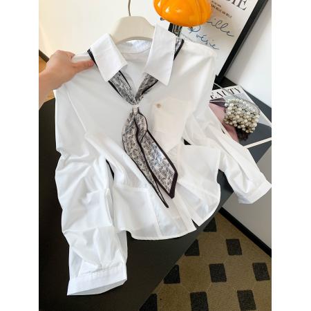 设计感丝巾飘带白色衬衫女新款气...