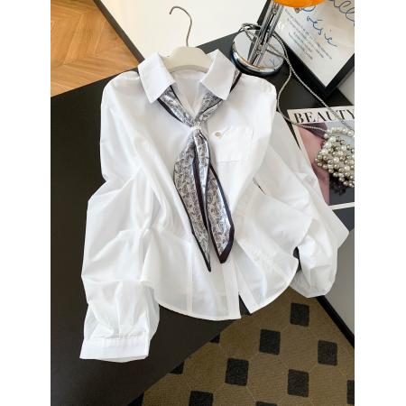 设计感丝巾飘带白色衬衫女新款气质减龄收腰捏褶显瘦长袖上衣 服裝批發女裝批發服飾貨源