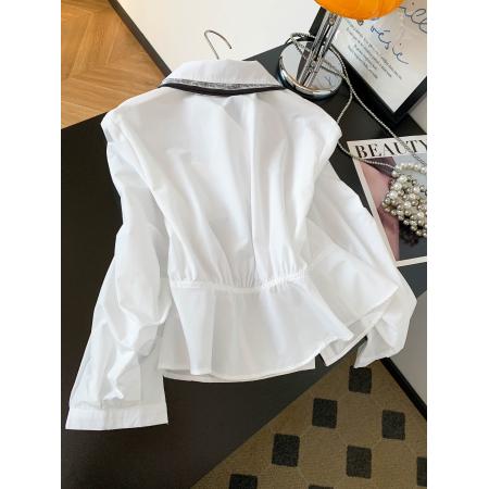 设计感丝巾飘带白色衬衫女新款气质减龄收腰捏褶显瘦长袖上衣 服裝批發女裝批發服飾貨源