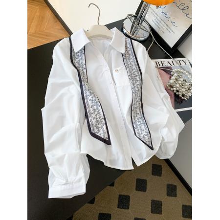 设计感丝巾飘带白色衬衫女新款气质减龄收腰捏褶显瘦长袖上衣 服裝批發女裝批發服飾貨源