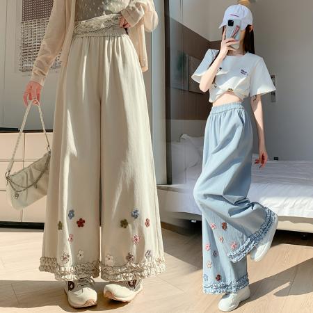 木耳边洗水棉花朵阔腿裤女春夏高腰宽松九分休闲直筒裤 服裝批發女裝批發服飾貨源
