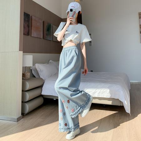 木耳边洗水棉花朵阔腿裤女春夏高腰宽松九分休闲直筒裤 服裝批發女裝批發服飾貨源