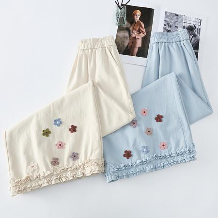 木耳边洗水棉花朵阔腿裤女春夏高腰宽松九分休闲直筒裤 服裝批發女裝批發服飾貨源