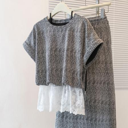 夏季新款圆领短袖拼接蕾丝花边搭...