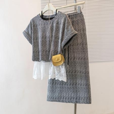 夏季新款圆领短袖拼接蕾丝花边搭配中长款裙子大码套装 服裝批發女裝批發服飾貨源