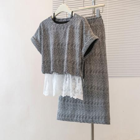 夏季新款圆领短袖拼接蕾丝花边搭配中长款裙子大码套装 服裝批發女裝批發服飾貨源