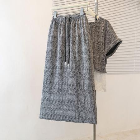 夏季新款圆领短袖拼接蕾丝花边搭配中长款裙子大码套装 服裝批發女裝批發服飾貨源