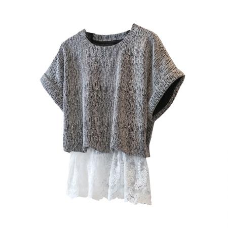 夏季新款圆领短袖拼接蕾丝花边搭配中长款裙子大码套装 服裝批發女裝批發服飾貨源