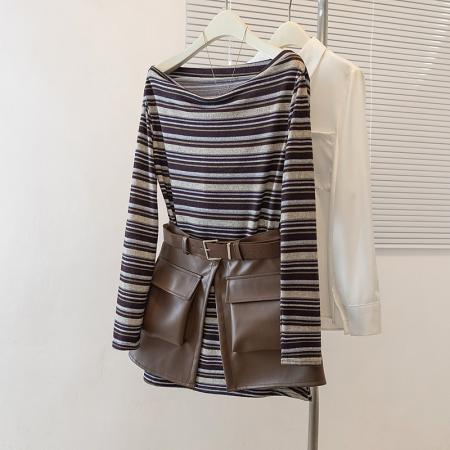 条纹针织衫搭配半身裙宽松休闲皮裙两件套大码套装 服裝批發女裝批發服飾貨源