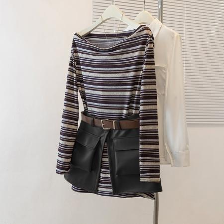 条纹针织衫搭配半身裙宽松休闲皮裙两件套大码套装 服裝批發女裝批發服飾貨源