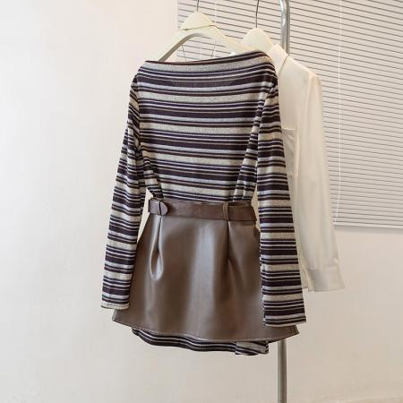 条纹针织衫搭配半身裙宽松休闲皮裙两件套大码套装 服裝批發女裝批發服飾貨源
