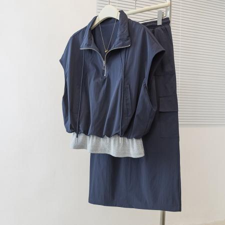 大码无袖背心拼接上衣搭配半身裙休闲气质套装大码女装 服裝批發女裝批發服飾貨源